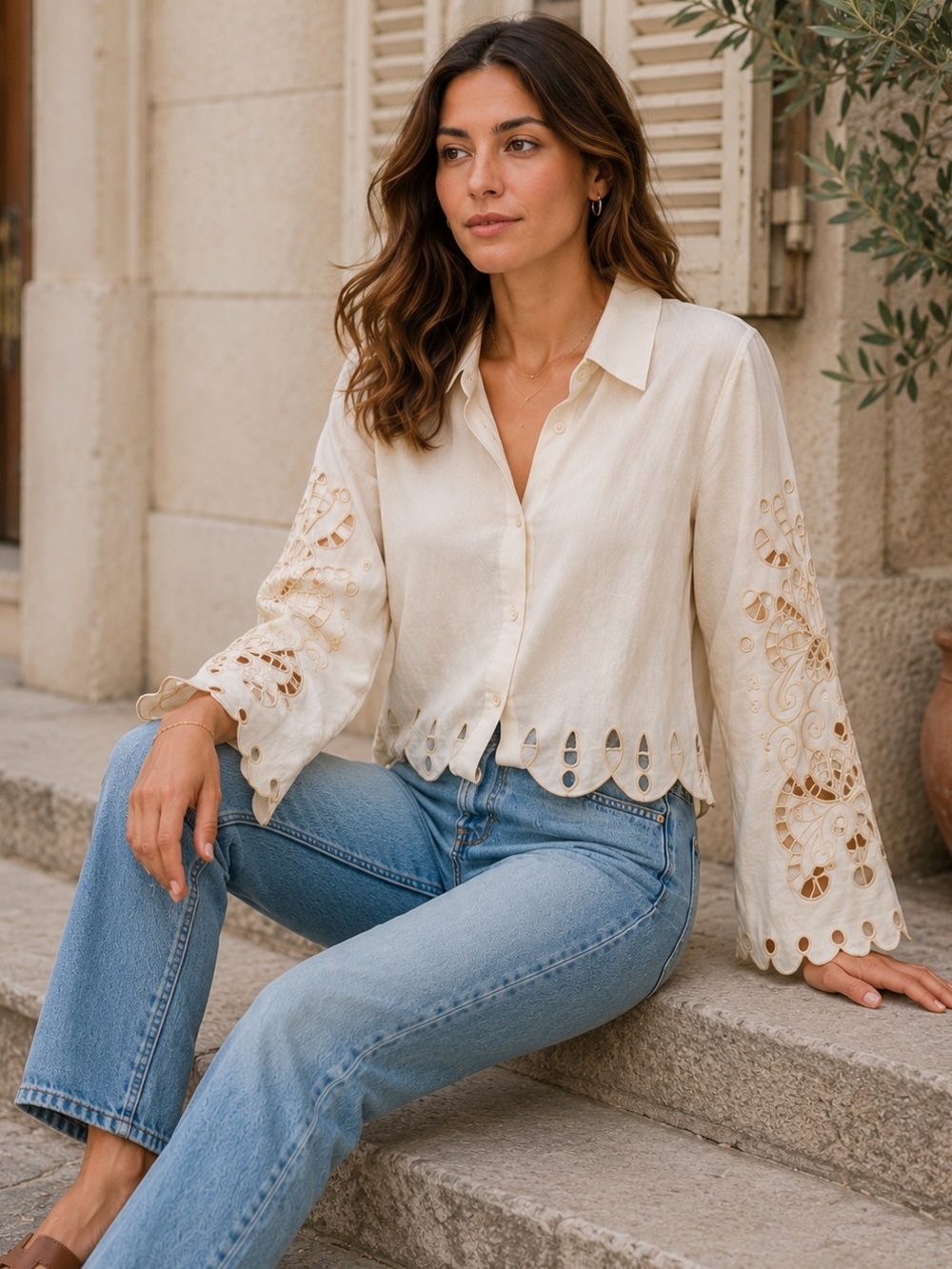 Christian Lacroix Embroidered Cutwork Linen Blouse Top M - Picture 2 of 12
